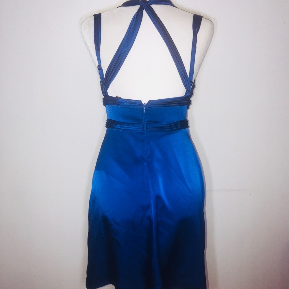 Sold- BCBG MAXAZRIA Blue Mini Silk V Neck Dress - Picture 3 of 7